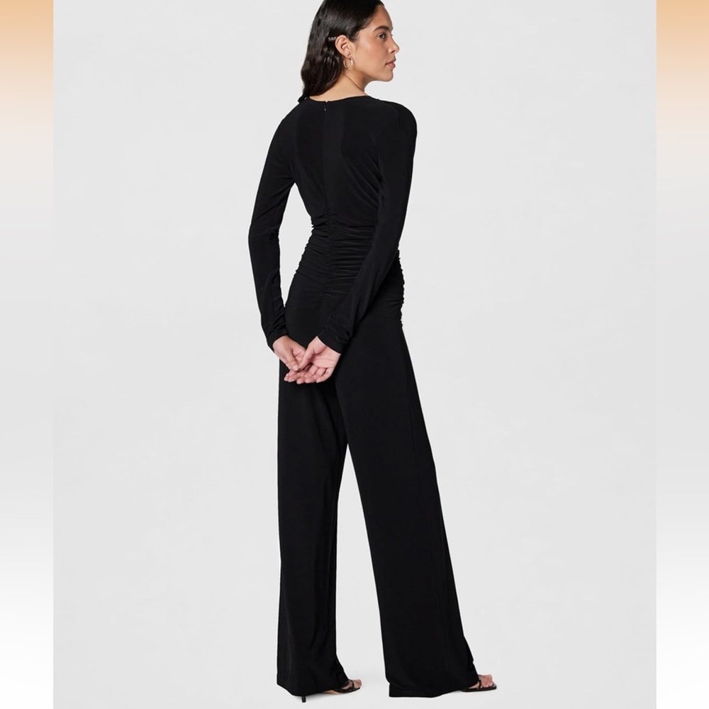 Norma Kamali Women's V Neck Longsleeve Shirred Waist Jumpsuit - Picture 12 of 16